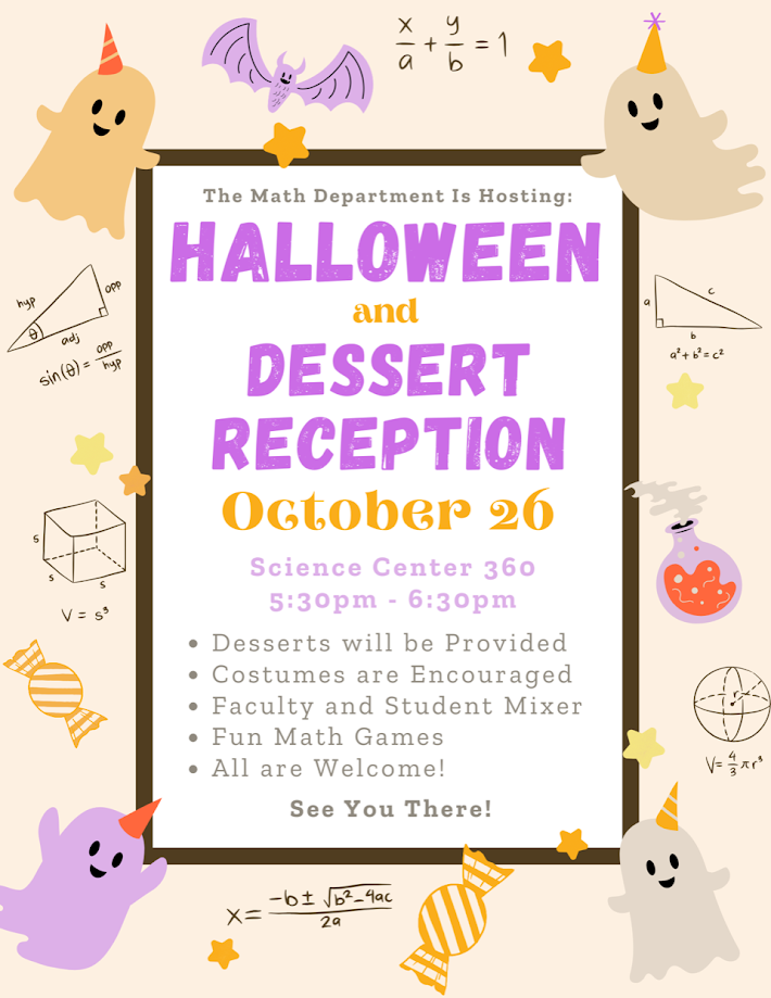 A flyer for the CU math club halloween and dessert reception on october 26th, 2023
