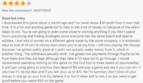 A 4-star review from a Bingo Tour player who made $30 playing over a month but does thnk the game is risky. 