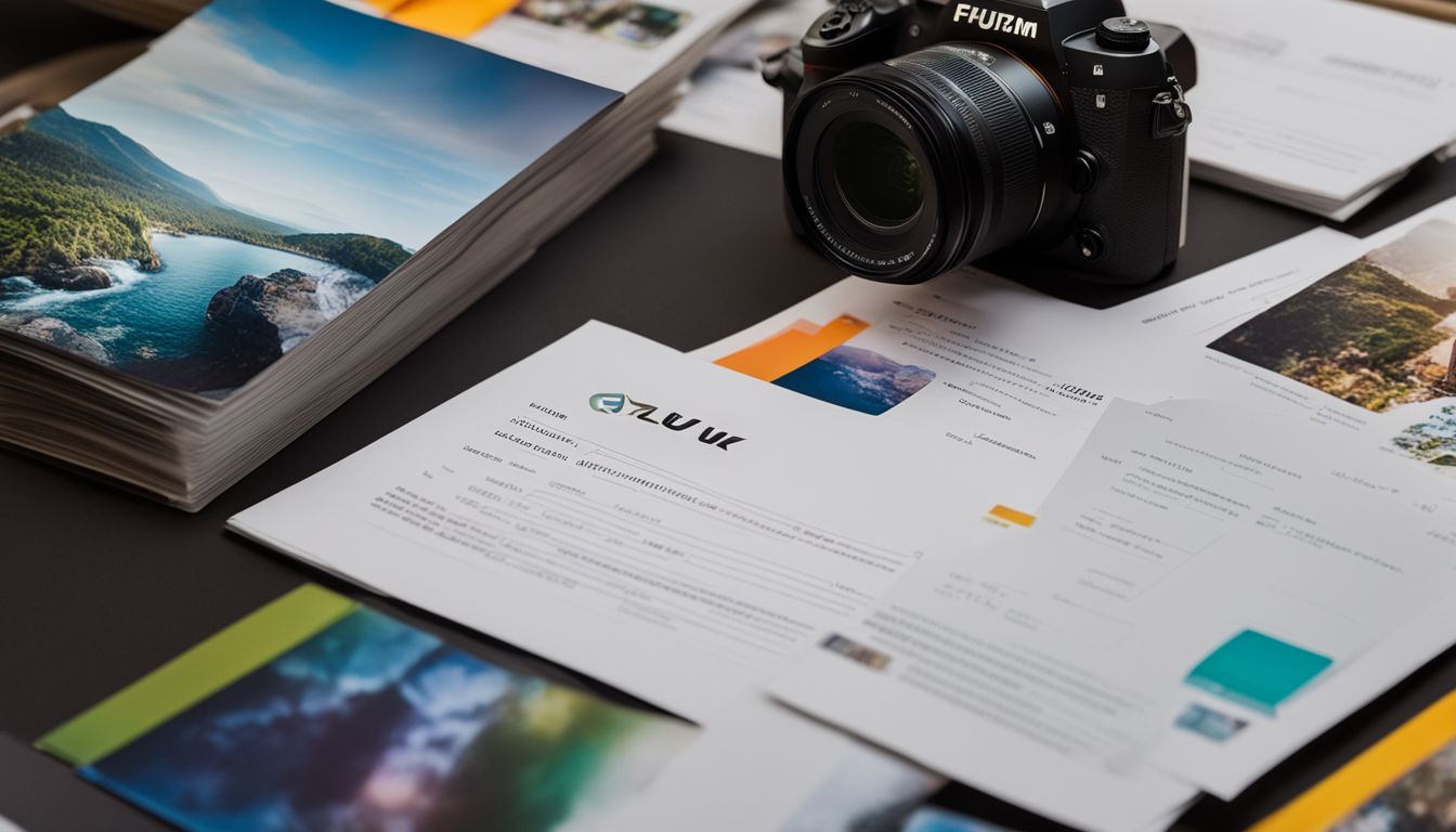 A registration form surrounded by diverse trade show brochures and photography.