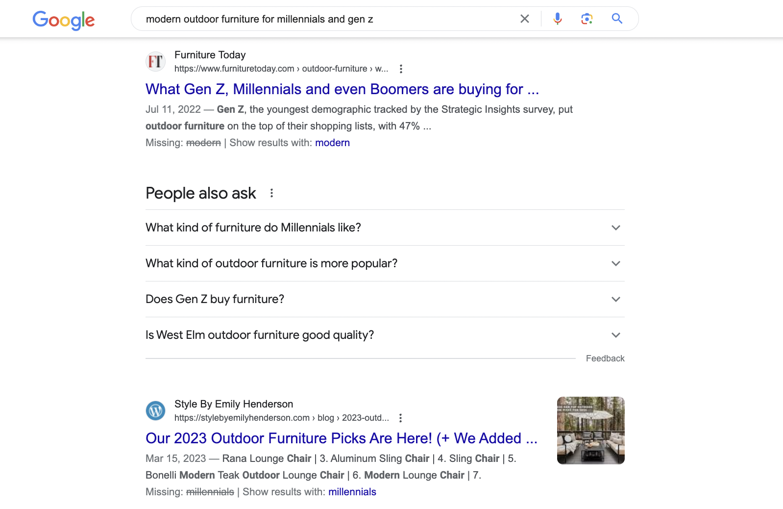 Modern furniture for Millennials and Gen Z search query showcasing "People also ask" on Google