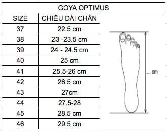 Bảng chọn size giày chạy bộ Goya Optimus

