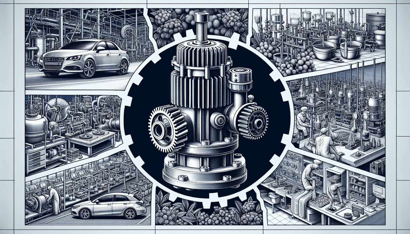 Illustration of gear pump applications in automotive, food, and chemical industries
