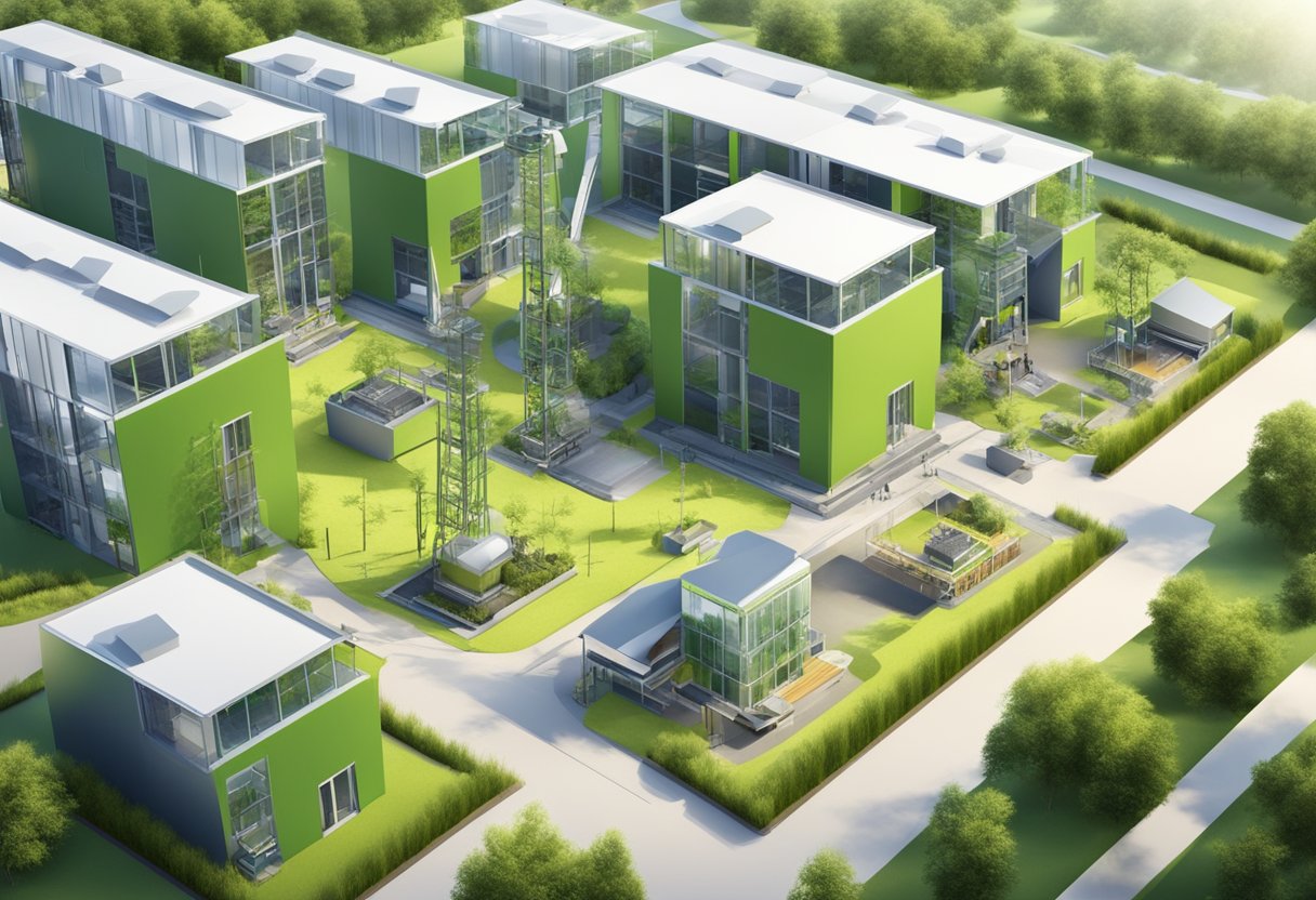 A modern construction site with green building materials and innovative machinery, surrounded by renewable energy sources and sustainable landscaping