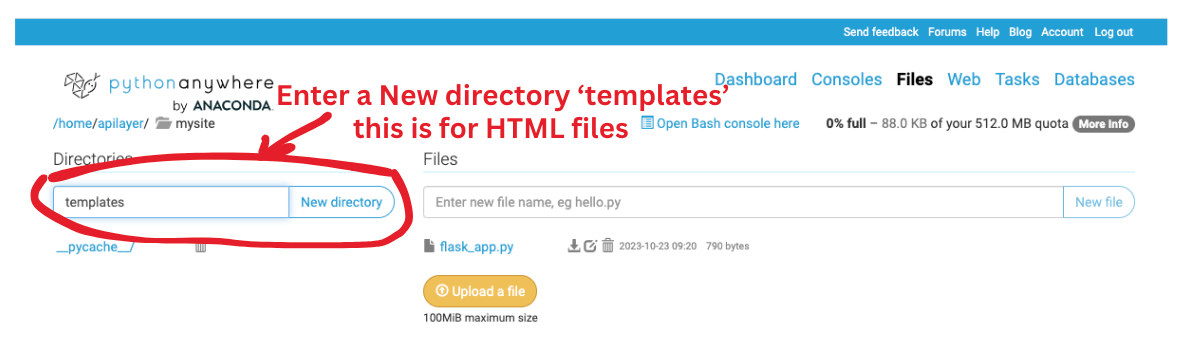 Screenshot of where to save template directory for HTML files on PythonAnywhere