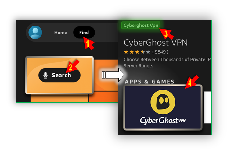 Screenshot steps to download CyberGhost VPN onto a Fire Stick