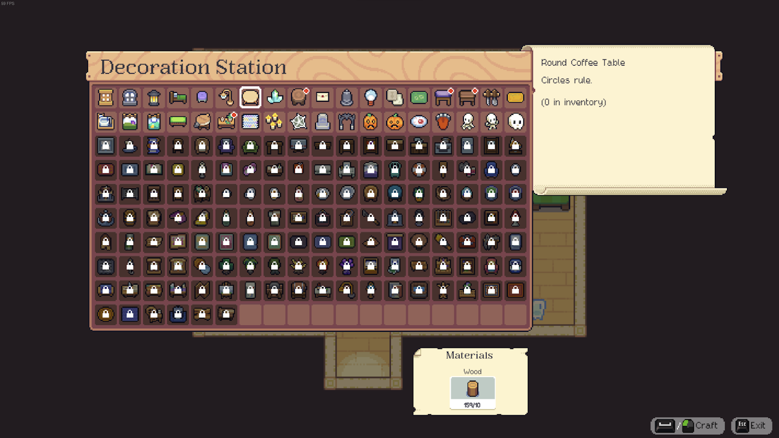 A screenshot from Moonstone Island's Decoration Station showing multiple rows of crafting recipes.