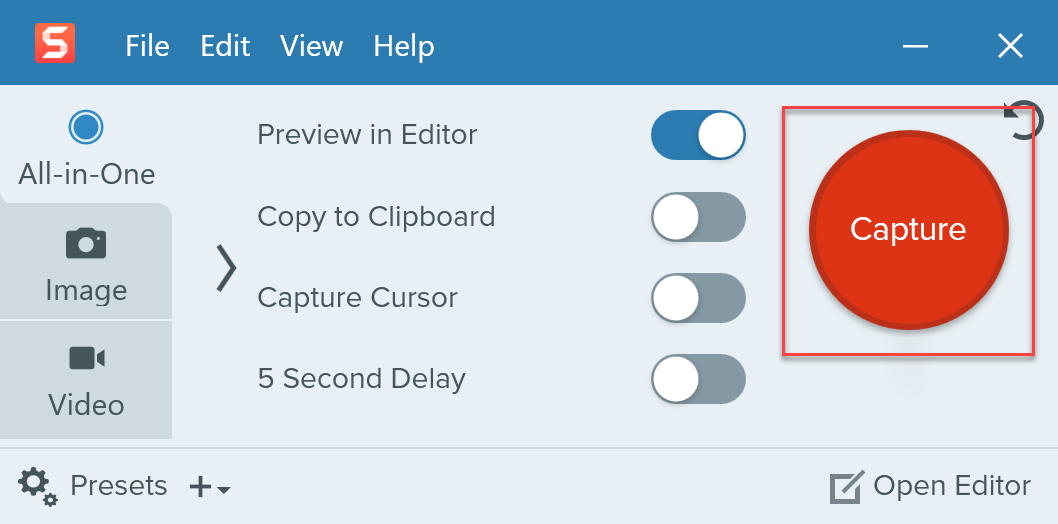 Snagit UI with the red capture button.