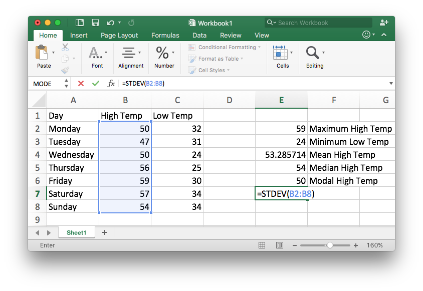 The same excel spreadsheet as used previously. This example is demonstrating how to use the standard deviation function in the high temperature column. 