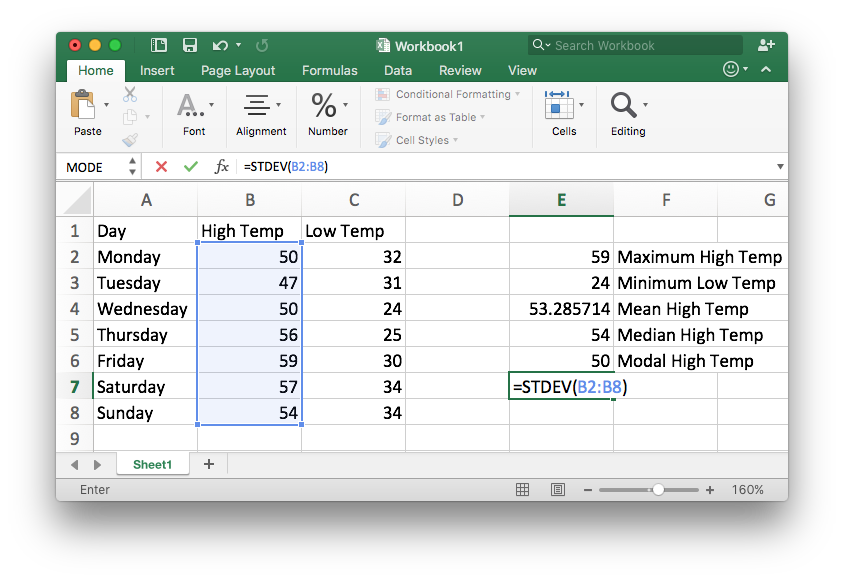 The same excel spreadsheet as used previously. This example is demonstrating how to use the standard deviation function in the high temperature column, the table provided below corresponds to the visual example.