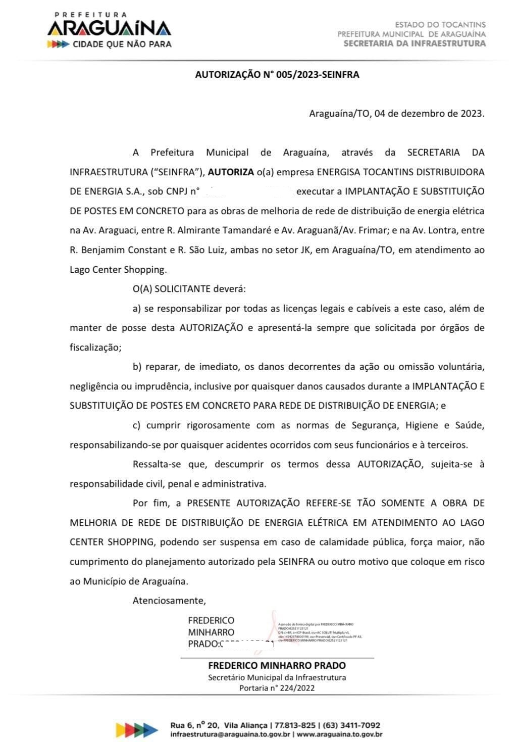 Autorização dada pela Prefeitura de Araguaína para execução da obra