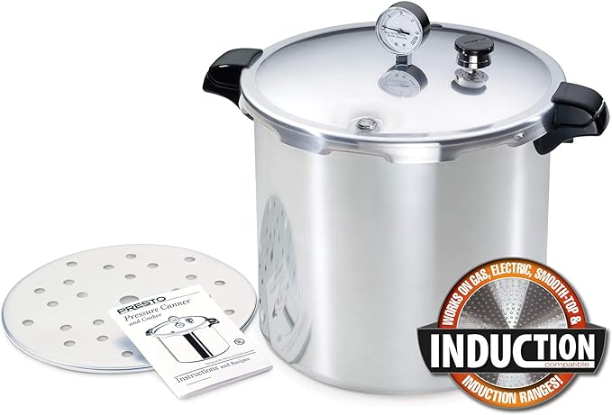 the Presto 0178423 Quart Induction Compatible Pressure Canner cooker, 23 Quartz, Polished Aluminum