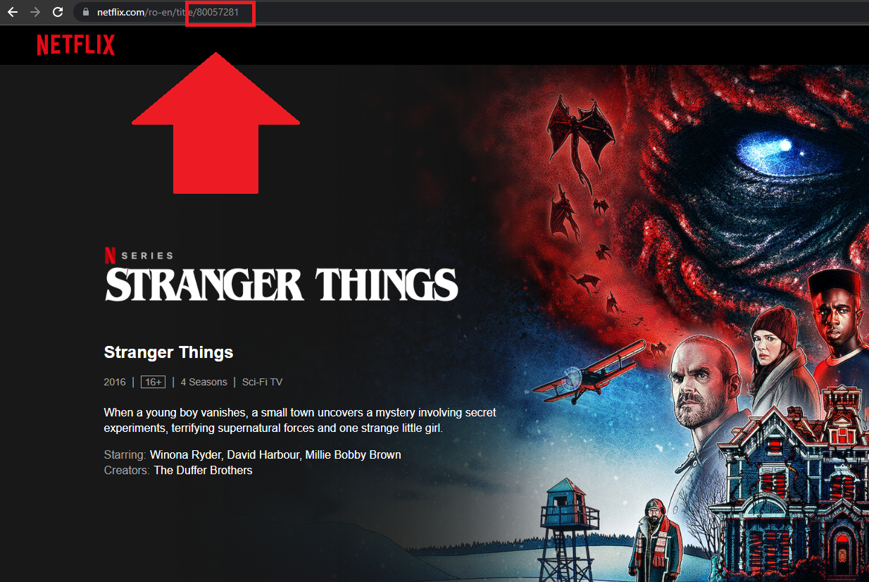 Schermata di Netflix con il codice URL di Stranger Things evidenziato