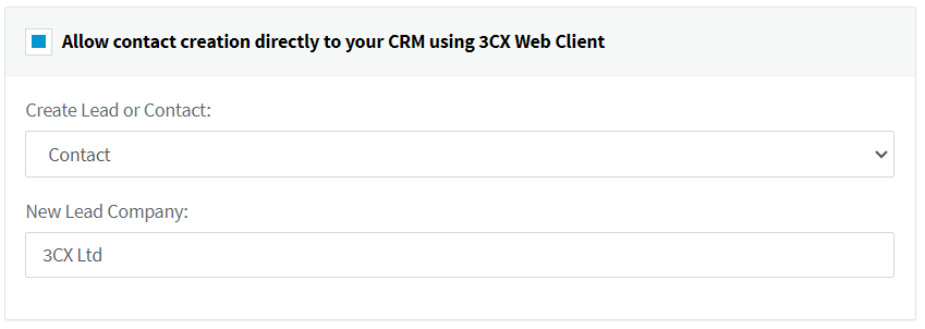 Для создания новых контактов в CRM при поступлении звонка с неизвестного номера, т.е. не обнаруженного ни в 3CX, ни в CRM, установите опцию "Allow contact creation directly to your CRM using 3CX Web Client" и настройте следующие параметры.