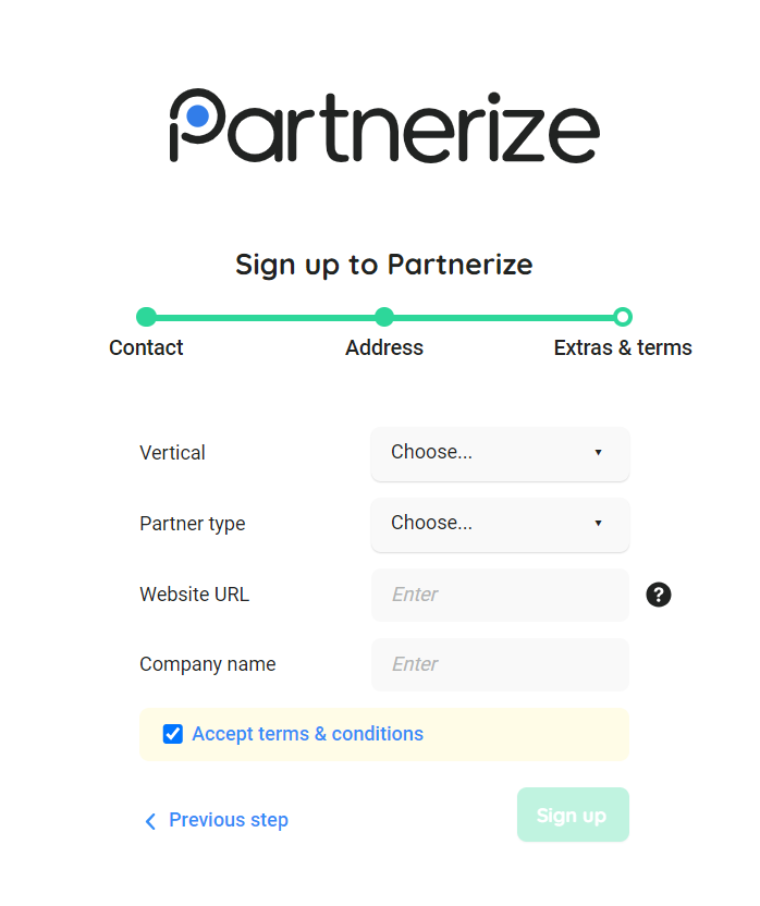 Partnerize affiliate network sign up process: website provision page