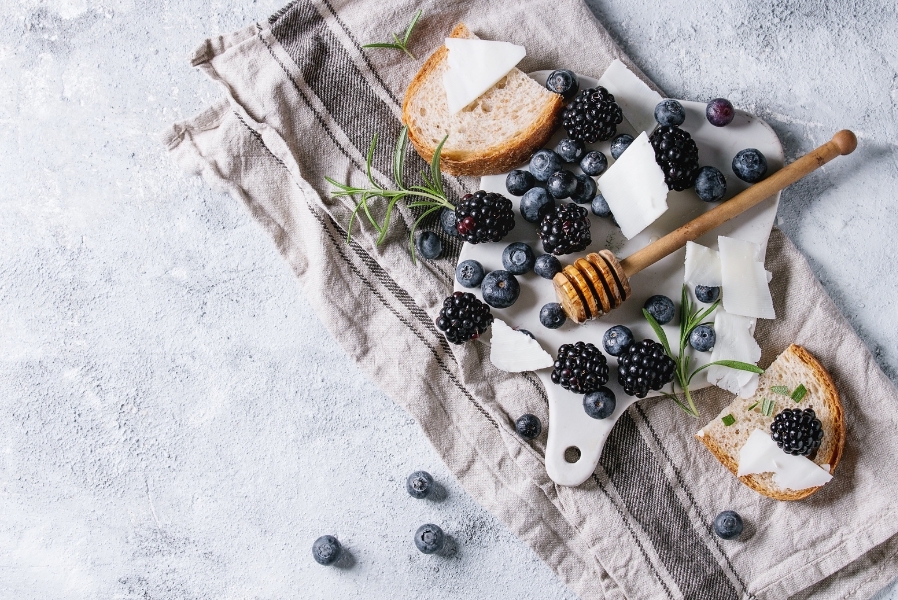 Blueberries, Blackberries and Cheese on Bread
