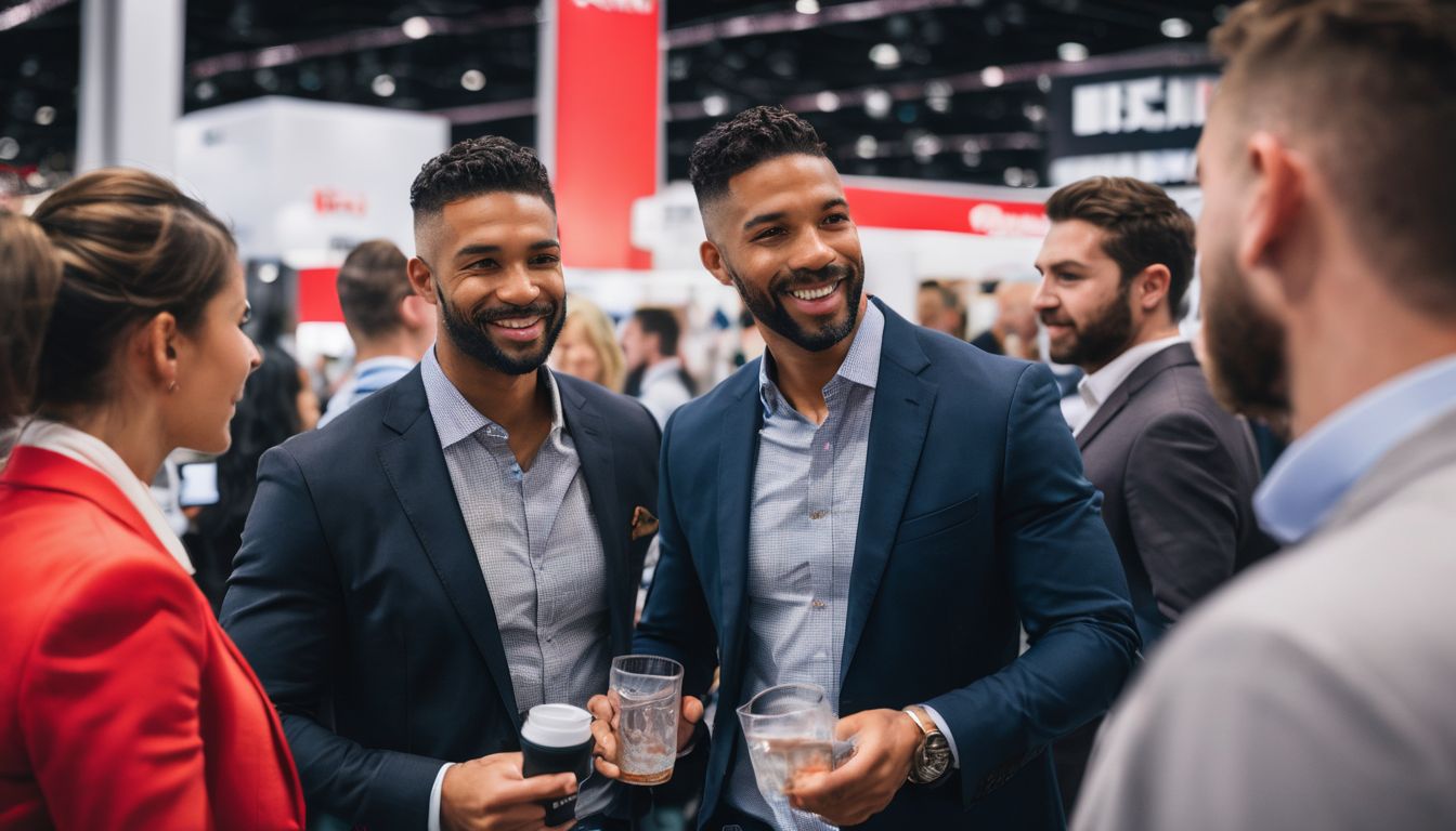 Business professionals networking at a bustling trade show event.