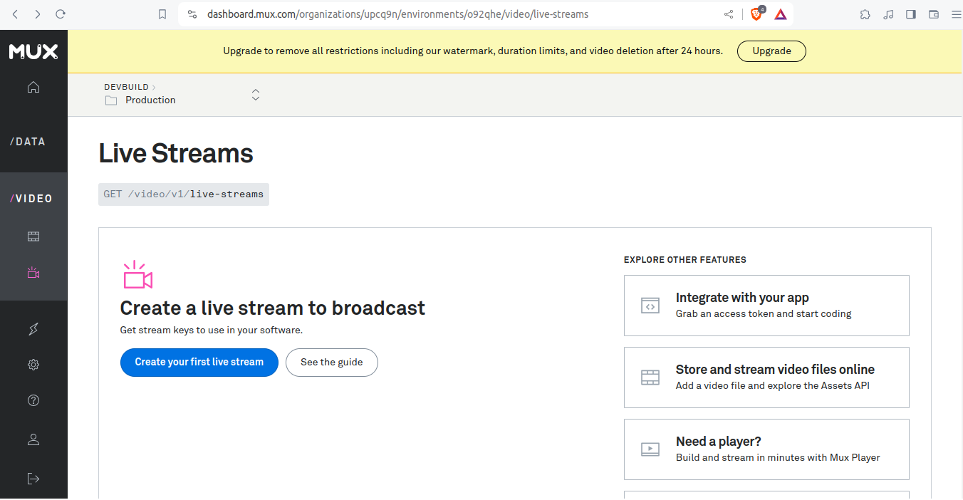 A dashboard showing options for creating live streams on Mux