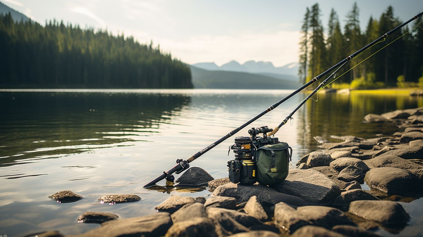 Compact fishing rod with gear in rugged wilderness, perfect for backpacking.