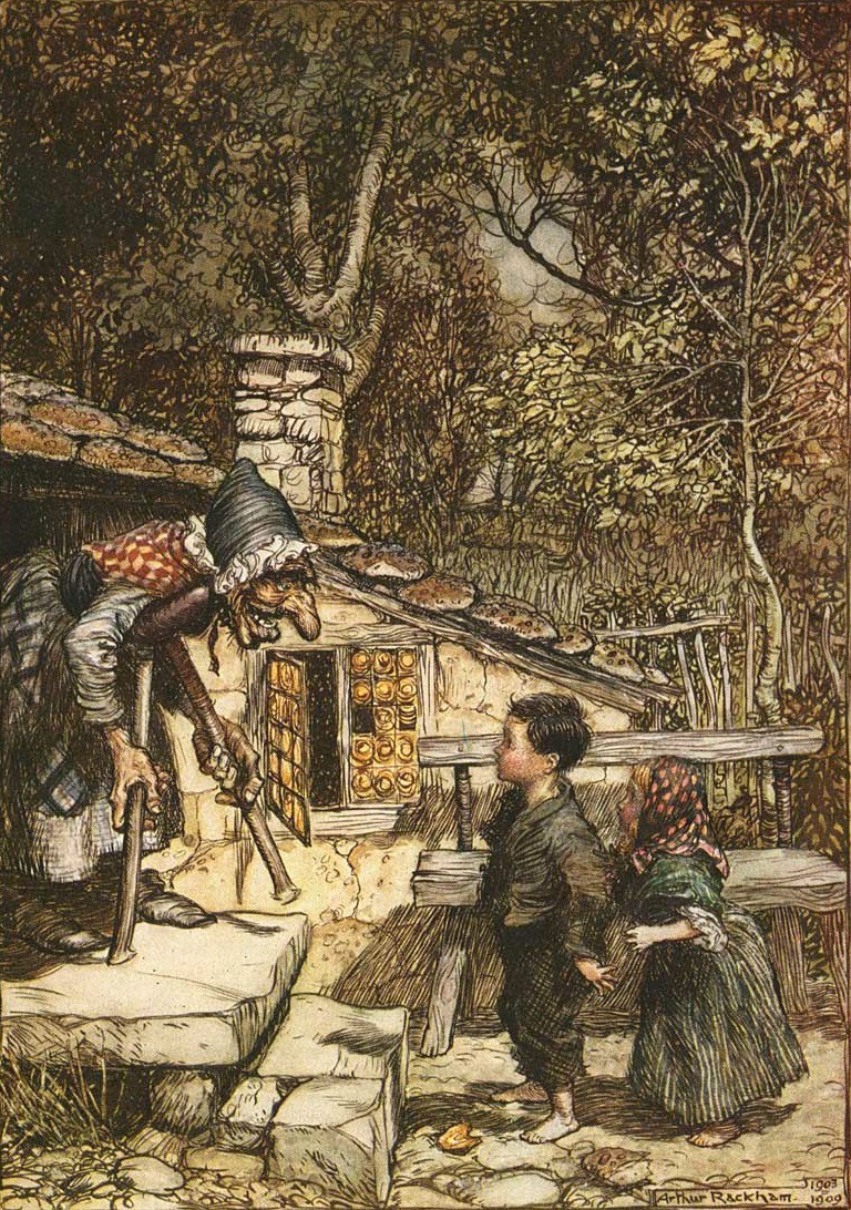 An old lady, styled as a witch, talks to two children - a boy and a girl. In the background you can see a cottage. This is a drawing of the tale "Hansel and Gretel."
