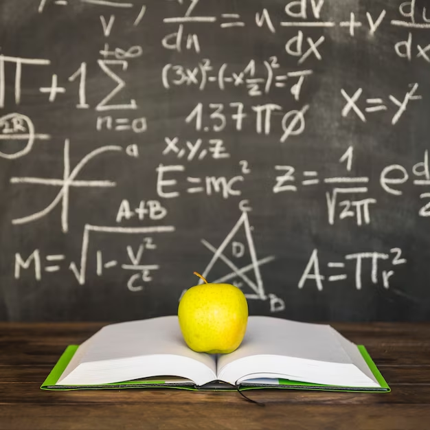 Open book with apple on desk near chalkboard.