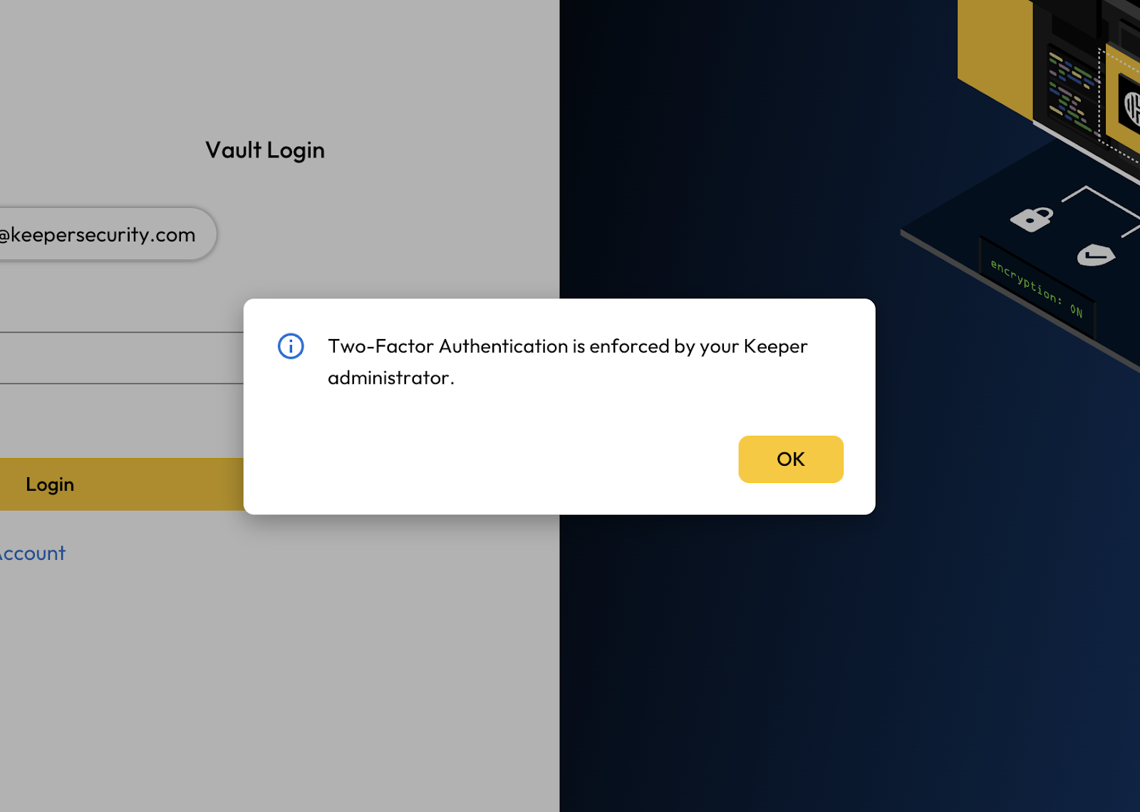 Image of the Keeper Vault showing the enforcement of 2FA by the Keeper administrator.