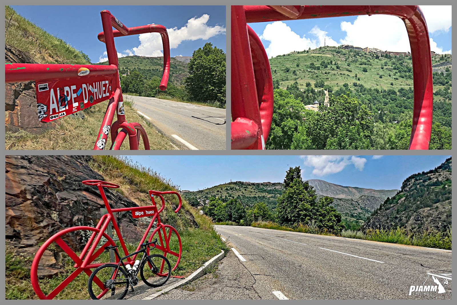 large statue of a red bike after you pass Dutch Corner on Alpe d'Huez bike climb