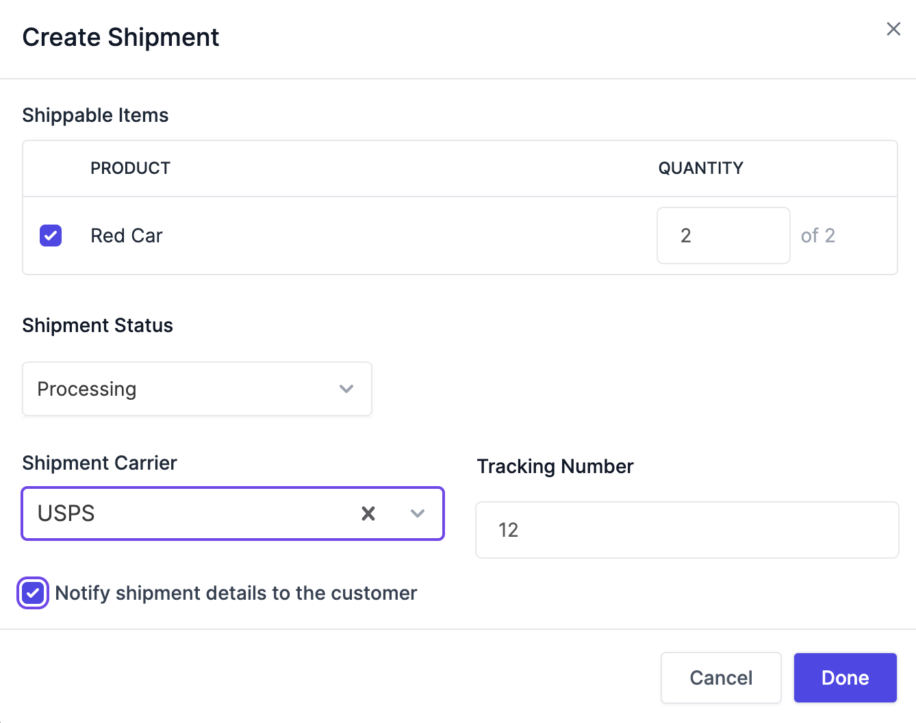 This image shows the shipment details 