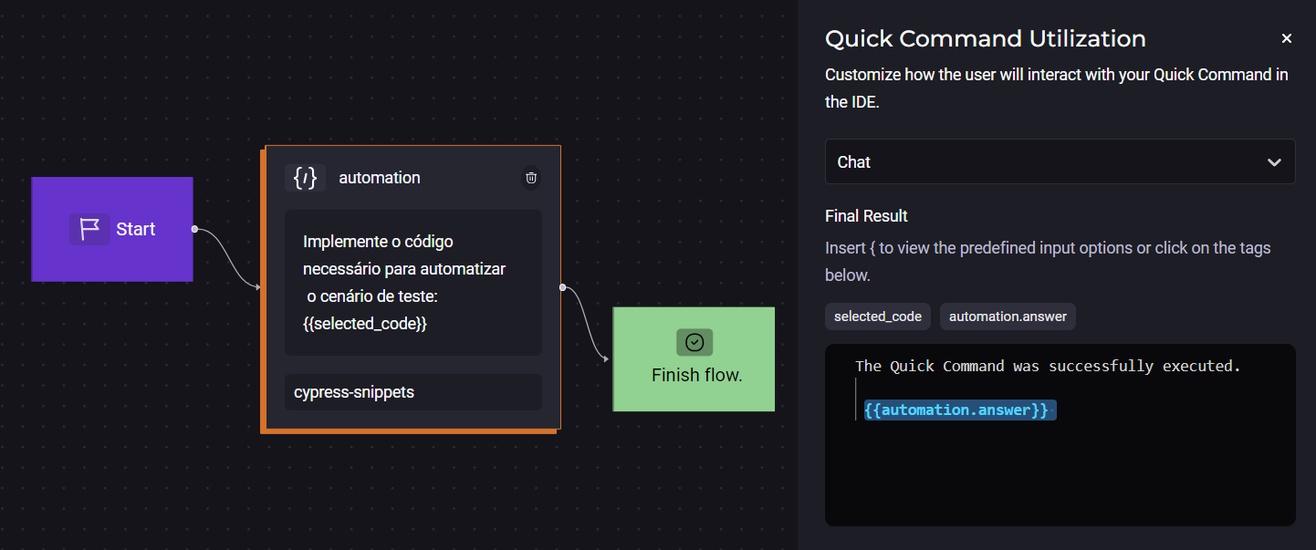 Imagem do artigo sobre teste de aceitação com imagem do fluxo de cadastro de um Custom Quick Command, na etapa de configuração de utilização.