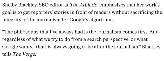 Excerpt from Shelby Blackly of The Athletic, addressing how the publication treats journalistic content.