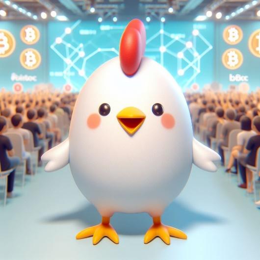 A cartoon chicken standing in a room with a crowd of people

Description automatically generated