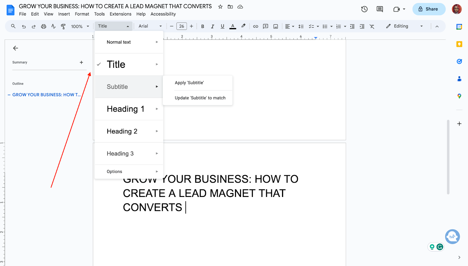create title page in google docs