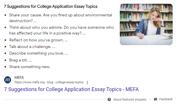 unordered list-style featured snippet example search for college application essay topics