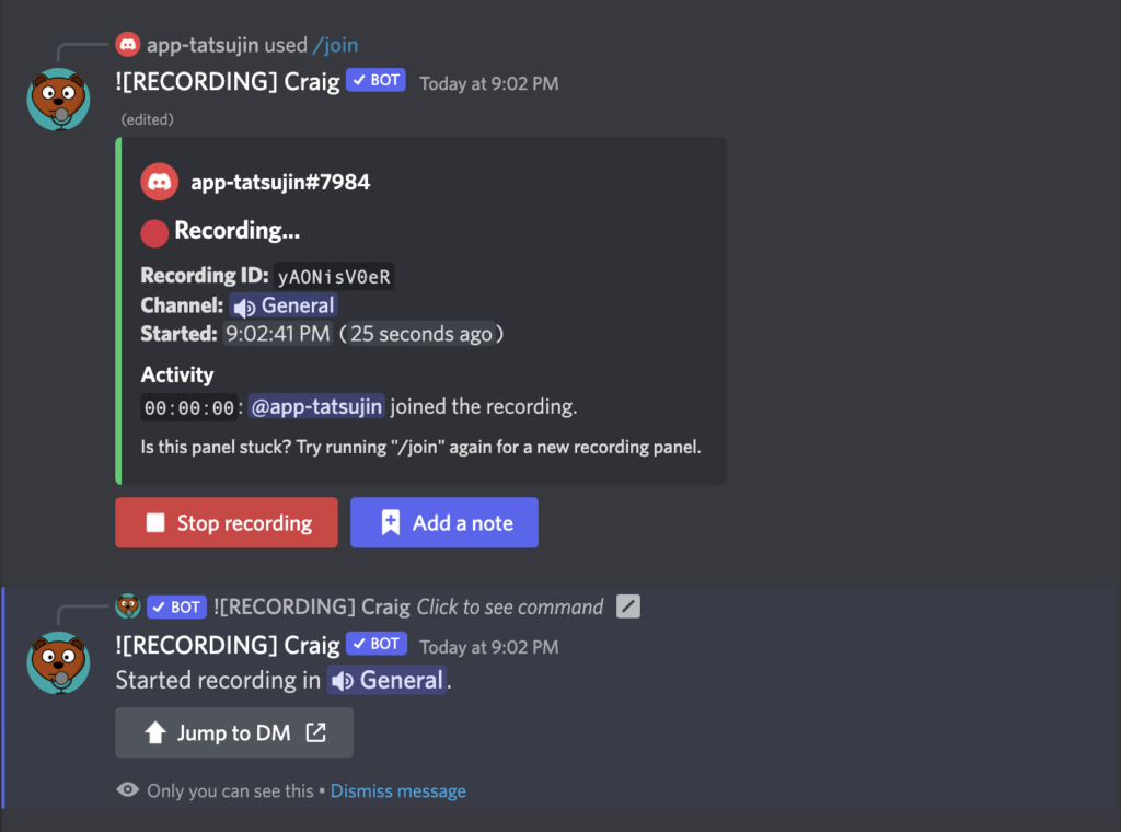 A Discord screenshot demonstrating the work of the Craig recording bot