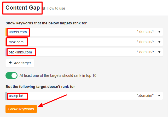 screenshot of Ahrefs Content Gap tool