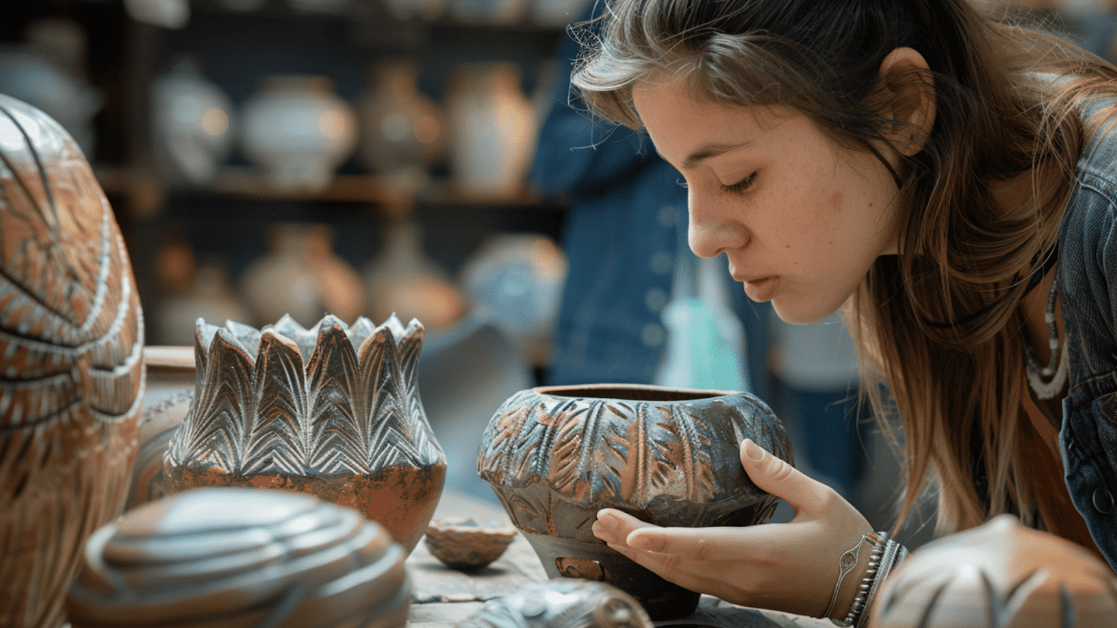 A woman examining handmade pottery at a craft stall.