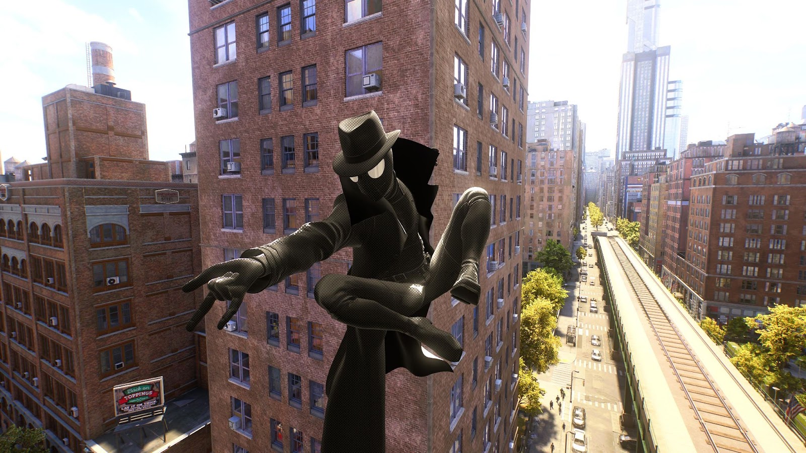 An in game image of Peter Parker in the Spider-Noir suit from Marvel's Spider-Man 2