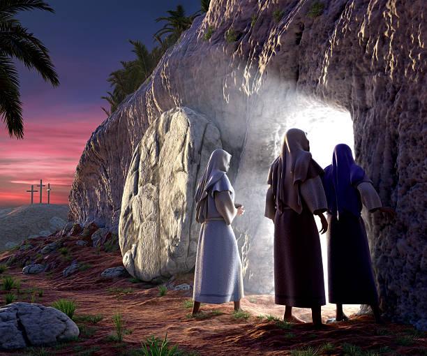He is Risen Mary Magdalene, Mary, &amp; Salom walking up to the bright empty tomb of Jesus Christ early Sunday morning, Showing Golgotha in the background. empty tomb jesus stock pictures, royalty-free photos & images