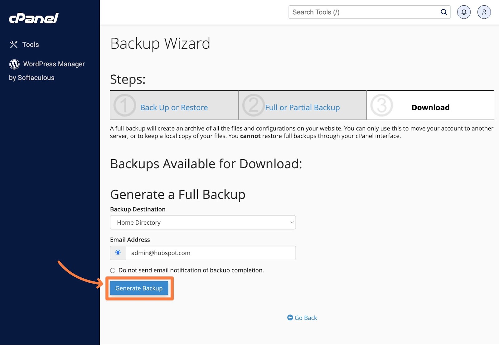 Click the Generate Backup button to finalize your backup.