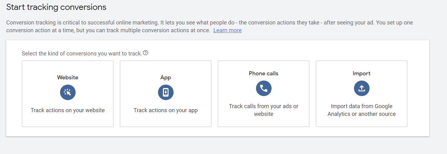 A screenshot of the start tracking conversions screen in Google Ads.