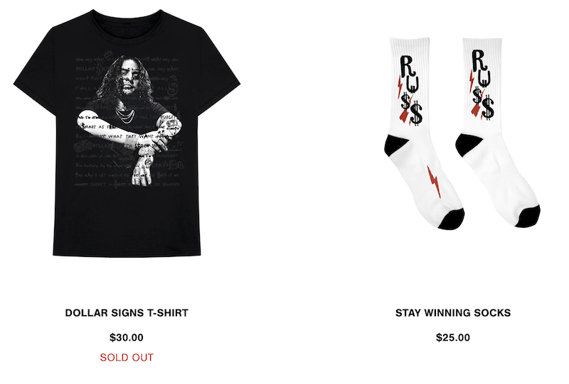 Screenshot of some of the merch rapper Russ sells, including shirts and socks
