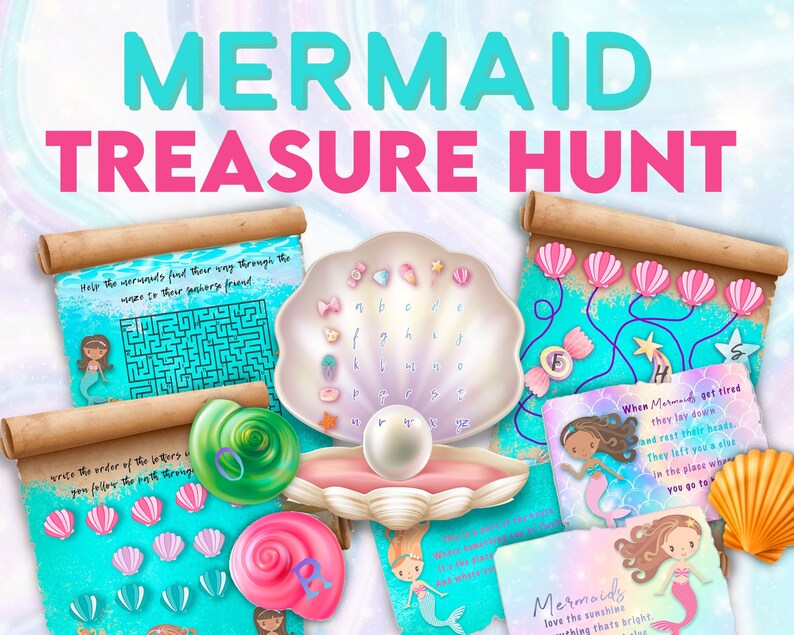 Birthday Treasure Hunt. Mermaid party game. Kids puzzle code image 1
