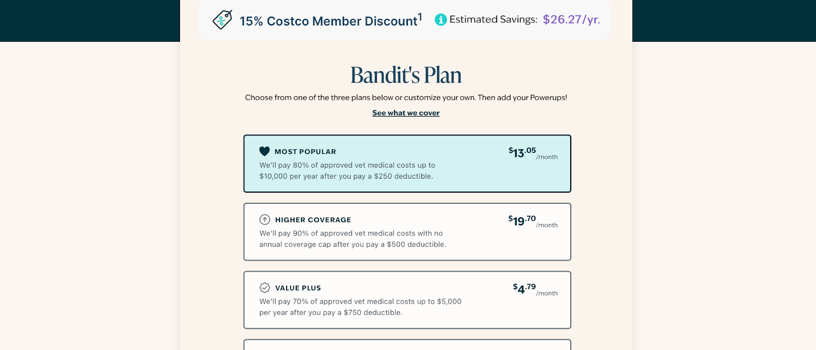 Quote for Bandit's plan with 15% Costco member discount
