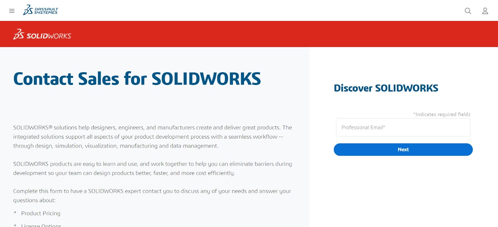 A screenshot of Solidworks' website