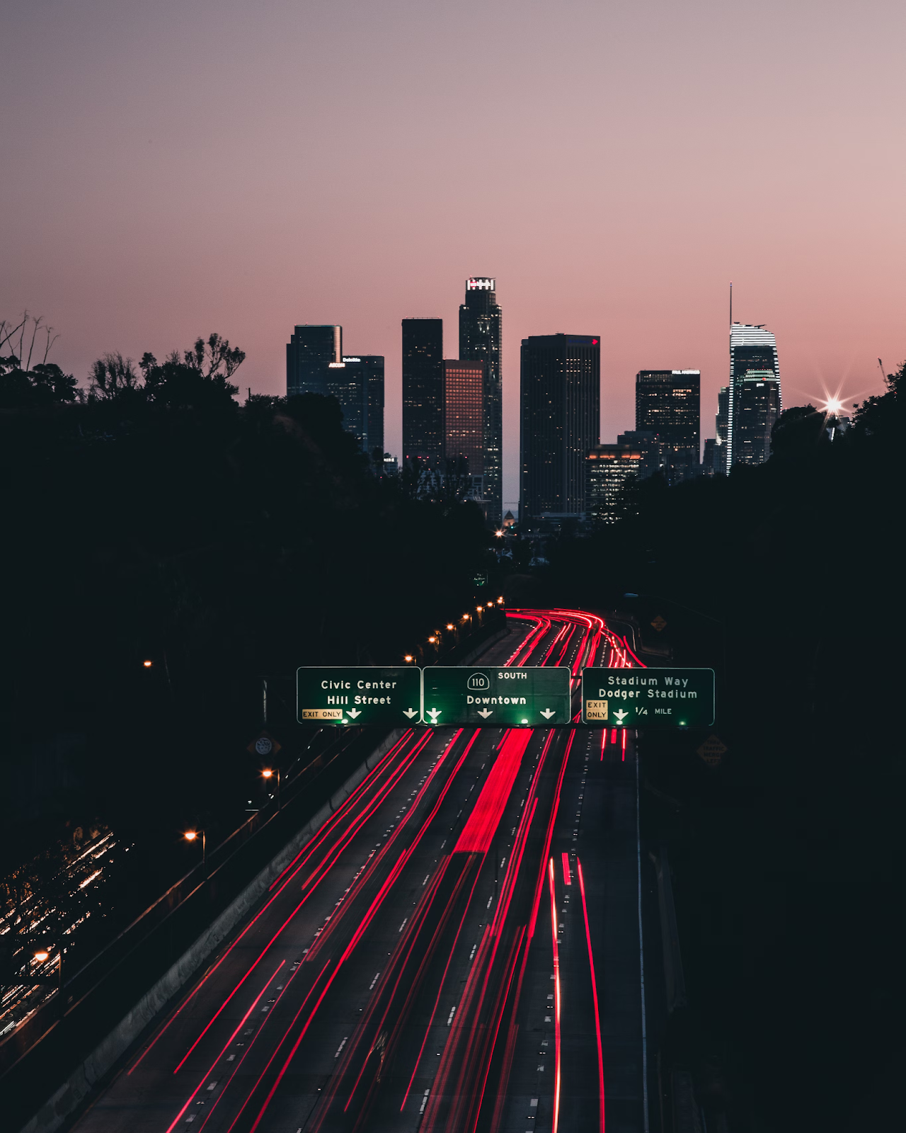 A view of the highway at night in LA.