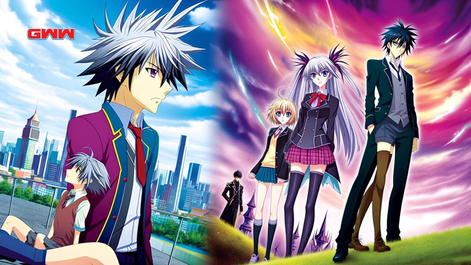 A vibrant, widescreen anime-style image showcasing two couples who are often debated as the best in anime. 