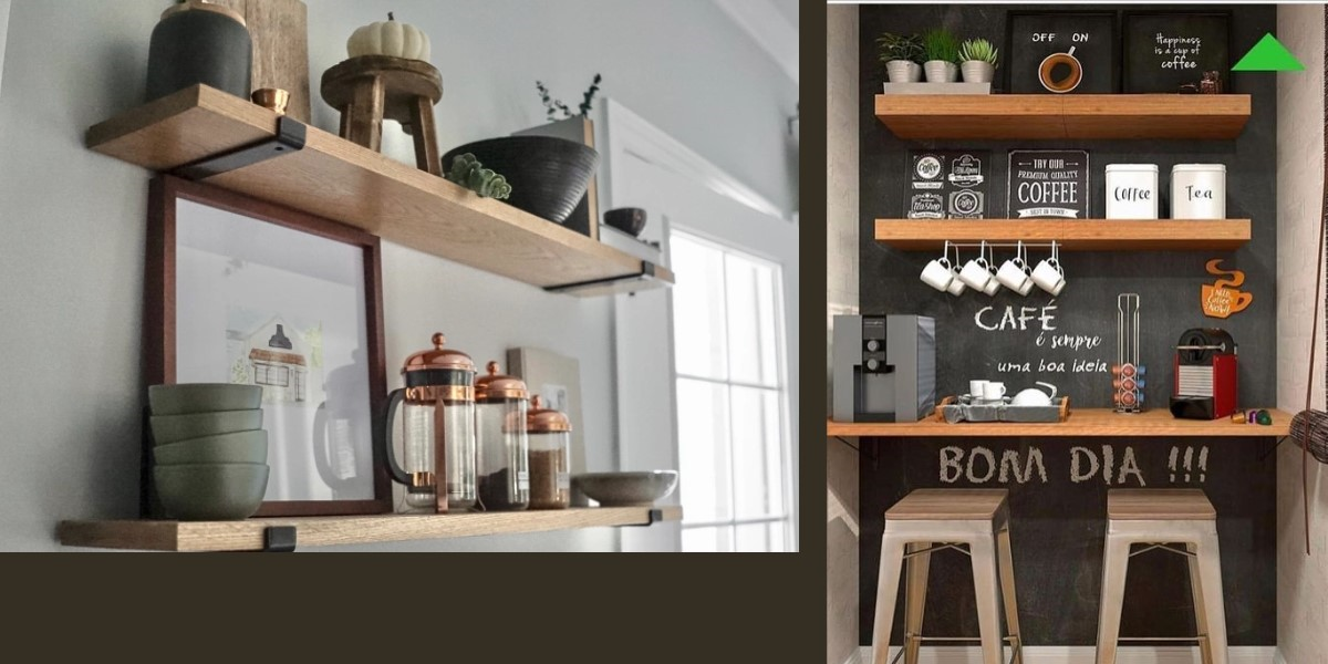 Simple and complex floating shelve home coffee bar