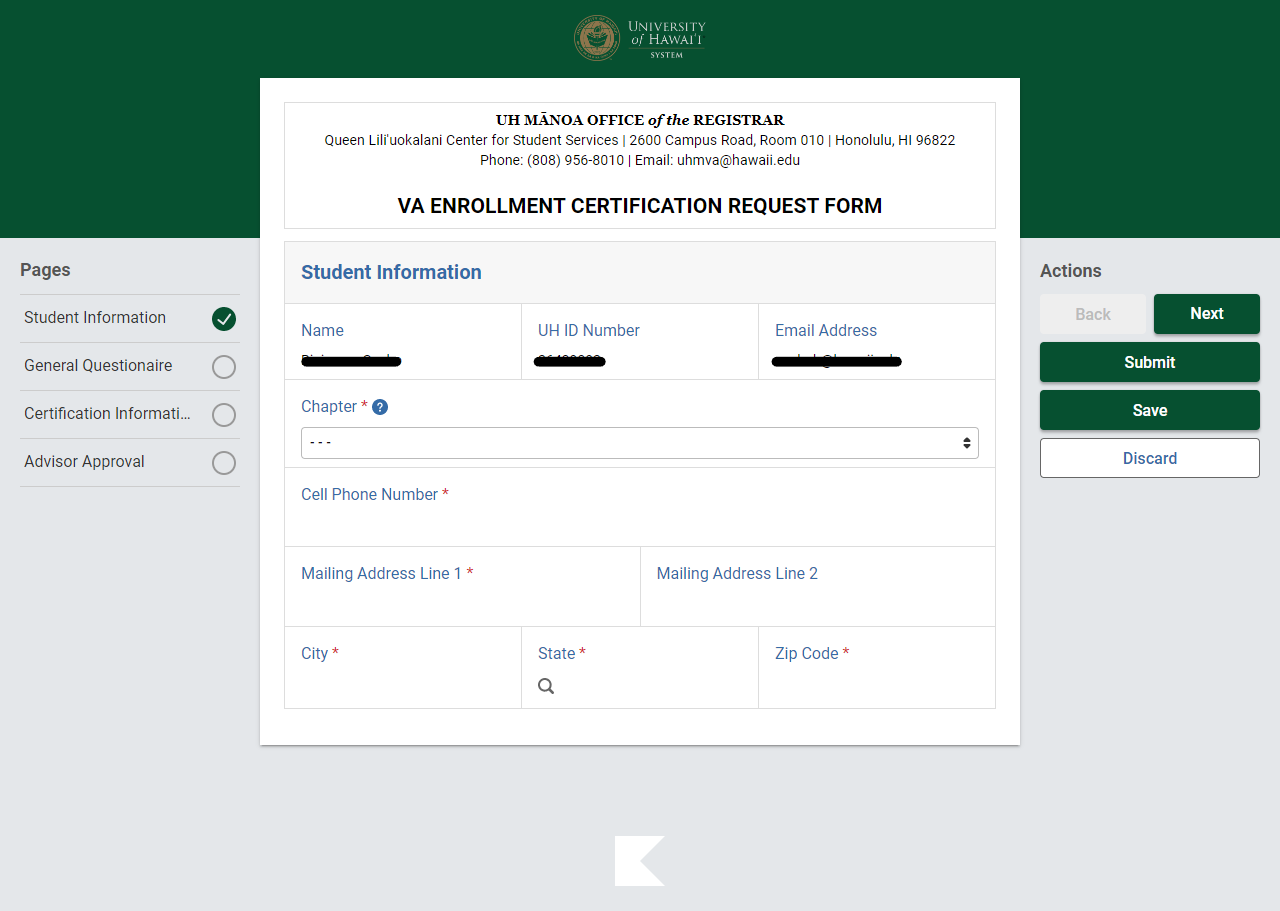 Screenshot of the Enrollment Certification Request Form