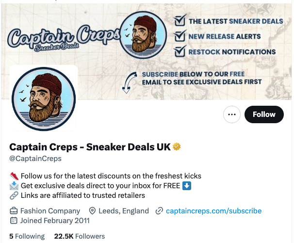 Twitter optimization, Captain Creps uses Twitter to promote their latest discounts.>