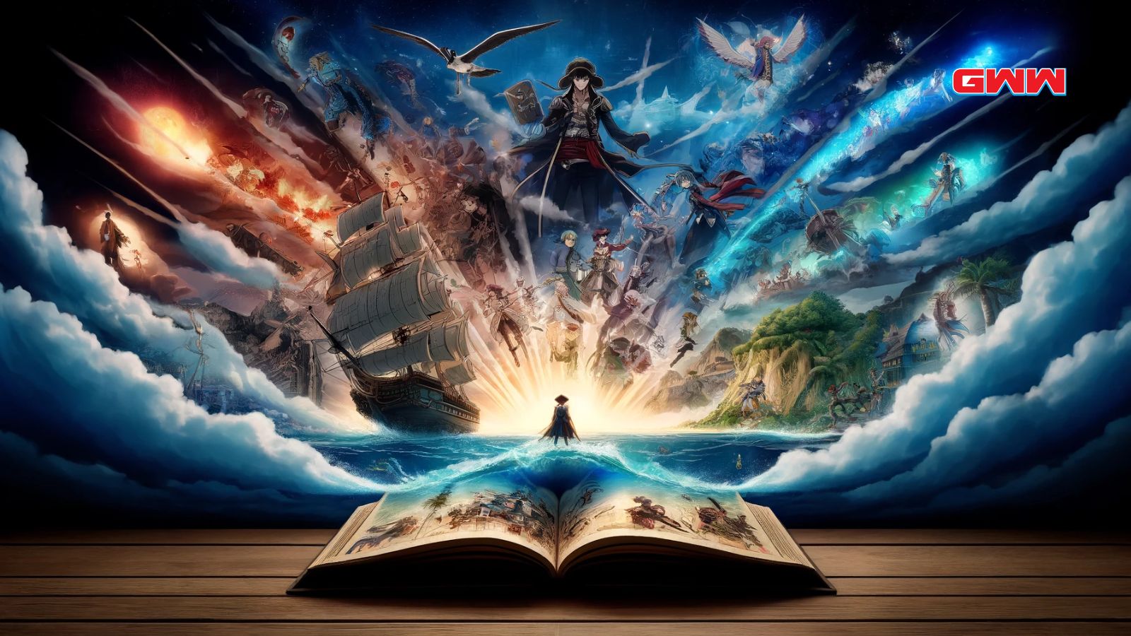 A captivating anime-style scene depicting an open book with pages transforming into vivid scenes from a pirate-themed anime