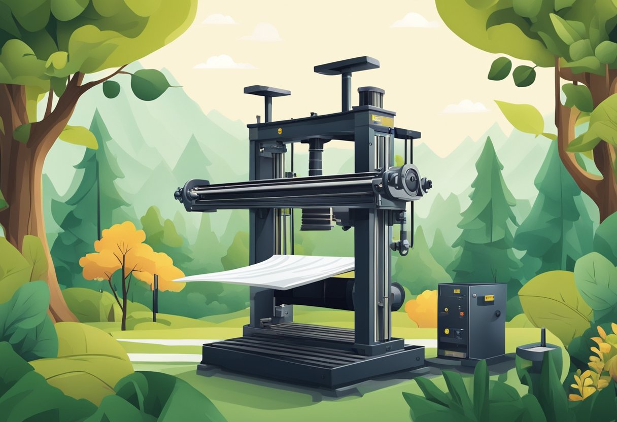 A printing press with eco-friendly materials and processes, surrounded by nature and sustainable design elements